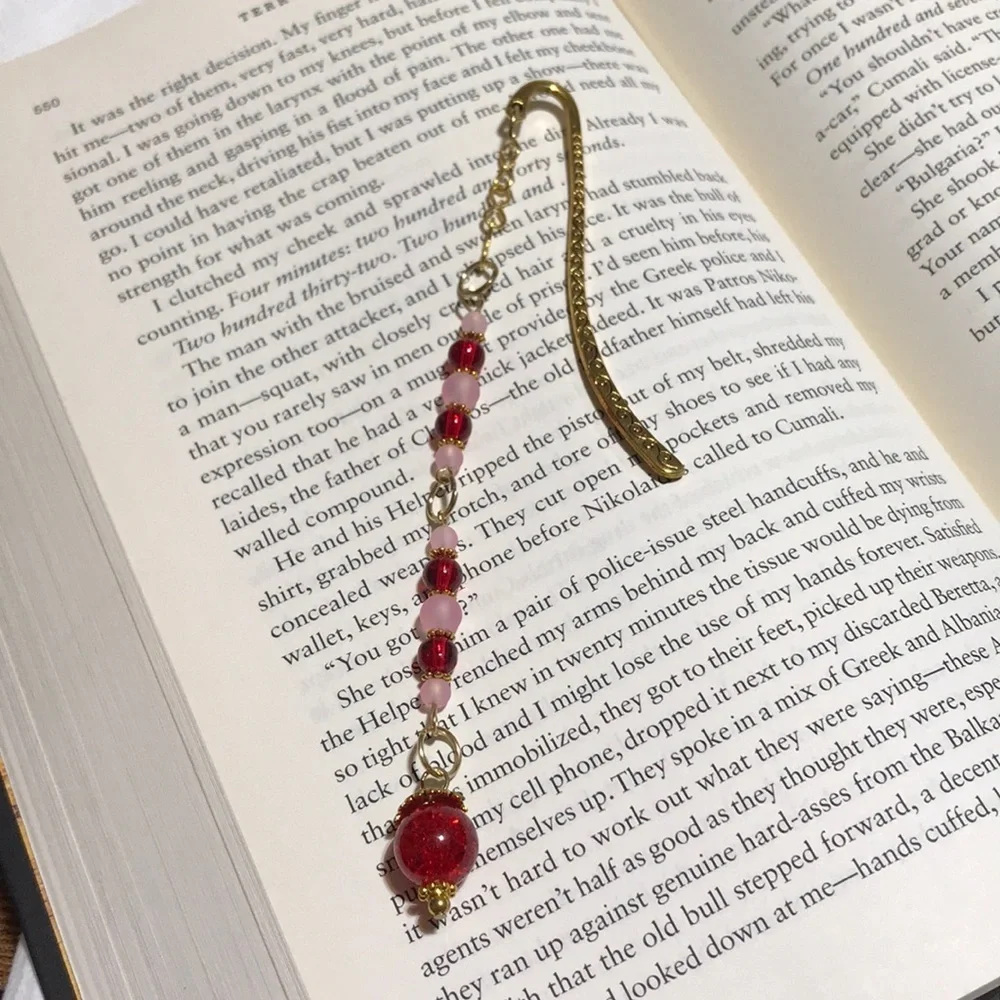 Metal Shepherds Hook Bookmark w/Chain, Red&Pink Glass Beads, & Goldtone Findings